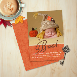 Cute Halloween Fall Autumn Baby Birth Photo Announcement