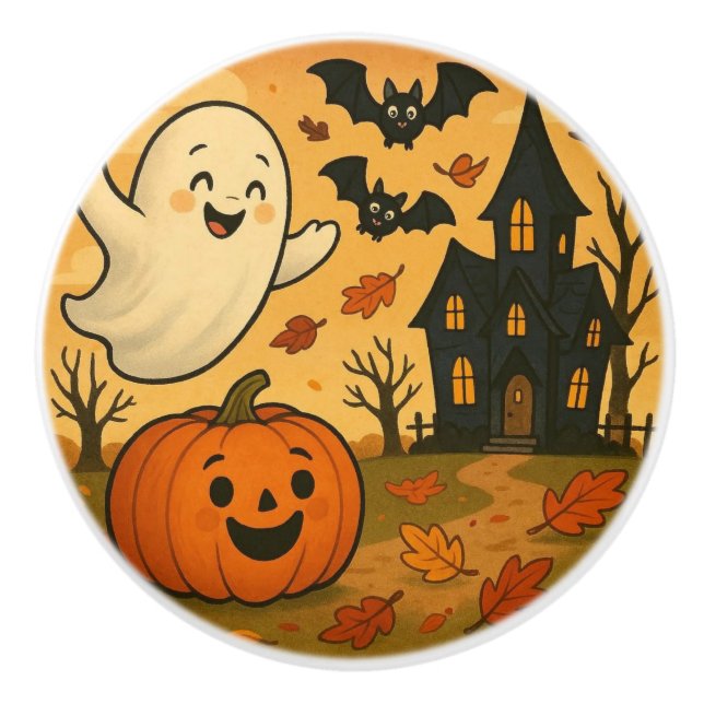 Cute Halloween/fall ghost pumpkin cartoon Ceramic Knob (Front)