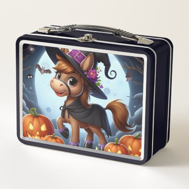 Cute Halloween/Fall horse, bat & pumpkins Metal Lunch Box (Front)