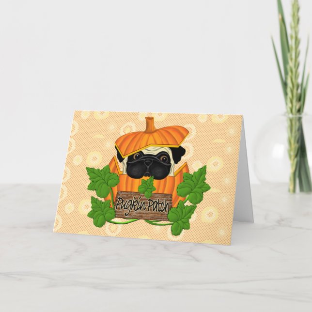 Cute Halloween Fall Pug Pugkin Pumpkin Patch Card (Front)