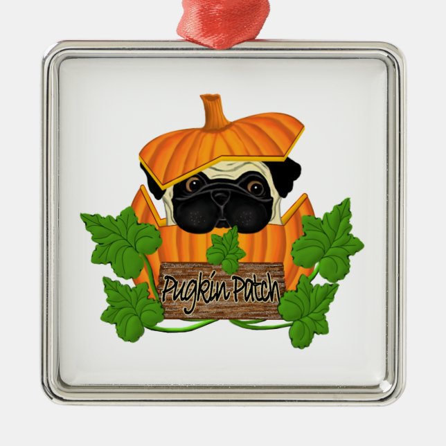 Cute Halloween Fall Pug Pugkin Pumpkin Patch Metal Ornament (Front)