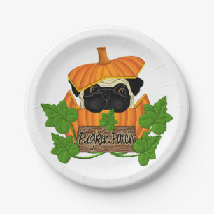 Cute Halloween Fall Pug Pugkin Pumpkin Patch Paper Plate
