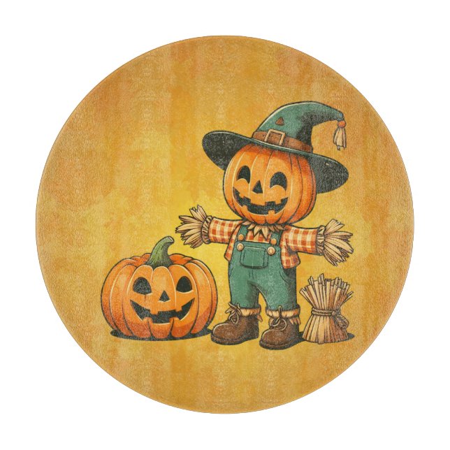 Cute Halloween/Fall scarecrow and pumpkin Cutting Board (Front)