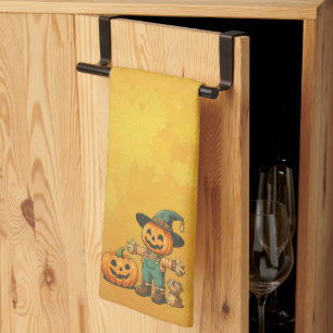 Cute Halloween/Fall scarecrow and pumpkin Kitchen Towel