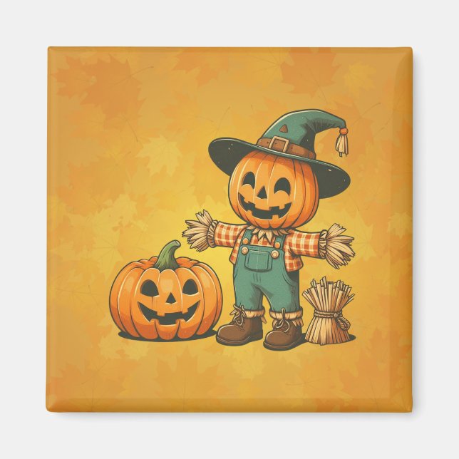 Cute Halloween/Fall scarecrow and pumpkin Magnet (Front)