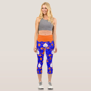 cute halloween floral ghost blue orange capri leggings
