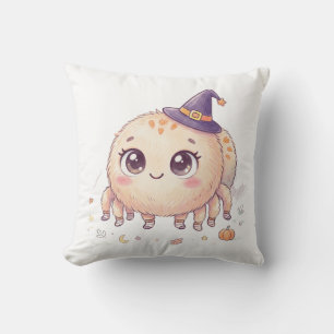 Cute Halloween Fluffy Spider with Witch Hat Colore Throw Pillow