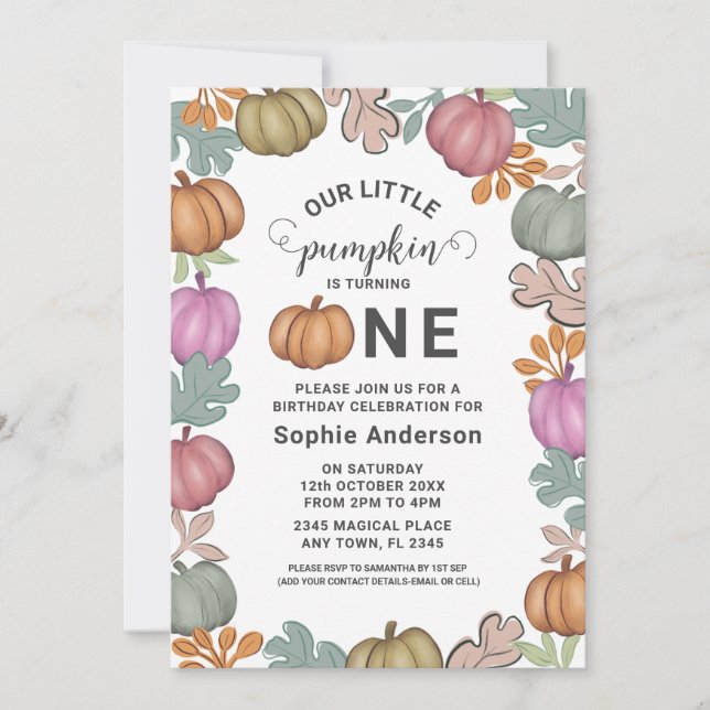 Cute Halloween & Foliage 1st Birthday Pastel Party Invitation (Front)