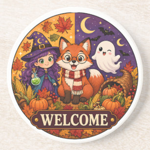 Cute Halloween Fox Witch Ghost Fall Autumn Welcome Coaster