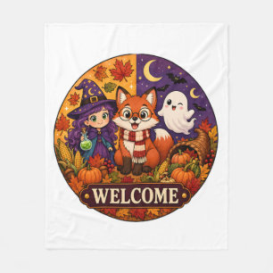 Cute Halloween Fox Witch Ghost Fall Autumn Welcome Fleece Blanket