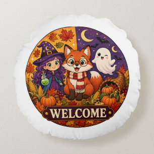 Cute Halloween Fox Witch Ghost Fall Autumn Welcome Round Pillow