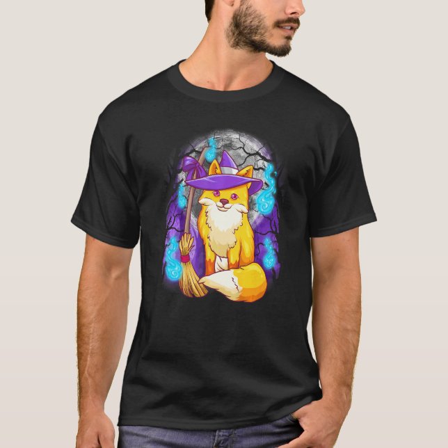 Cute Halloween Fox Witch With Moon And Tree Silhou T-Shirt (Front)