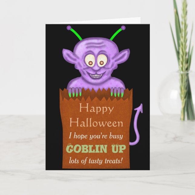 Cute Halloween Funny Purple Goblin Cartoon Pun Card (Front)