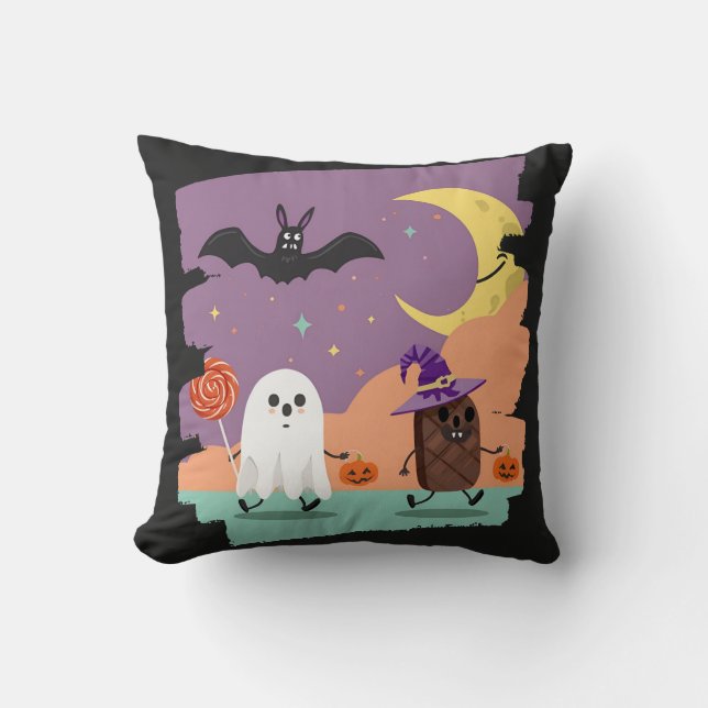 Cute Halloween Ghost and Candy Friends Throw Pillow (Front)
