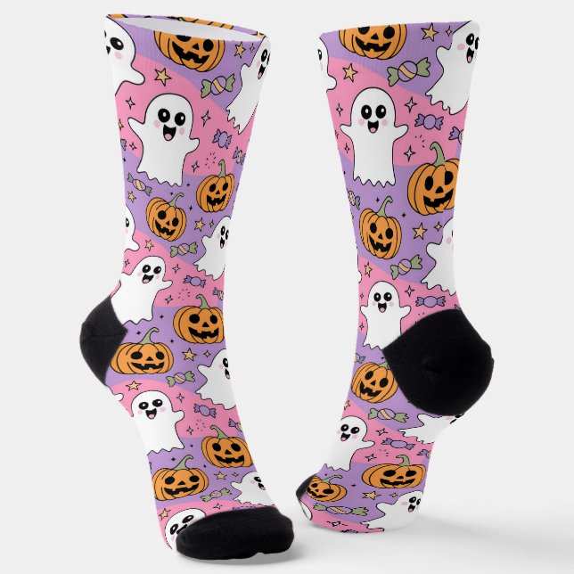 Cute Halloween Ghost and Pumpkin Socks (Angled)