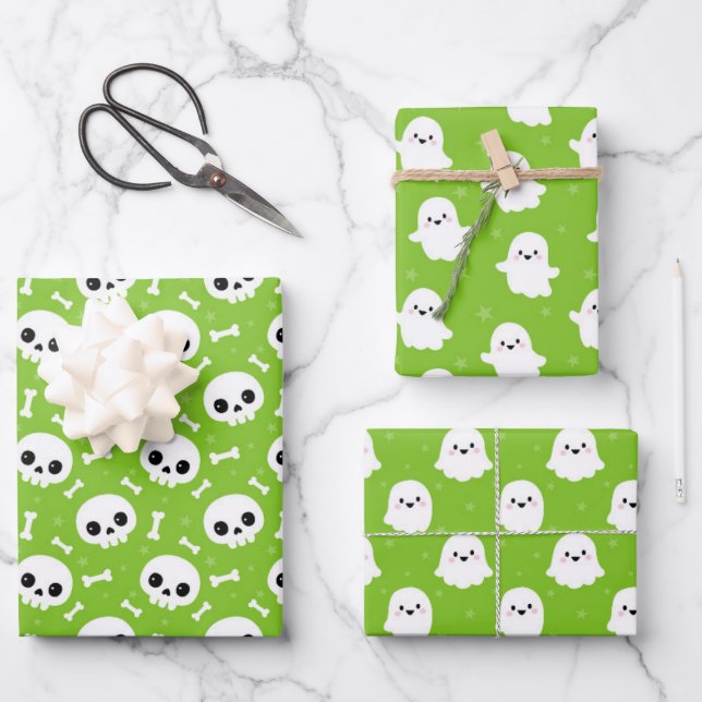Cute Halloween Ghost and Skulls Patterns Wrapping Paper Sheet (Front)
