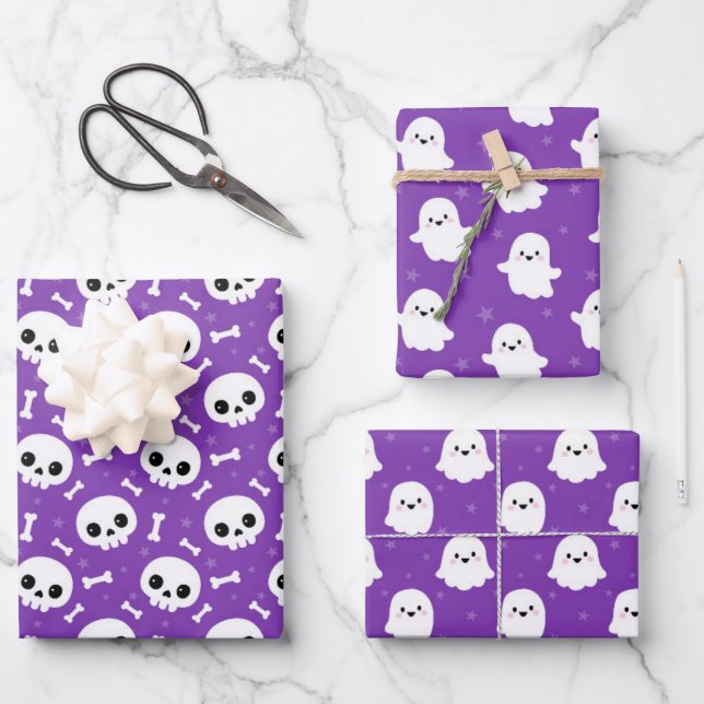 Cute Halloween Ghost and Skulls Patterns Wrapping Paper Sheet (Front)