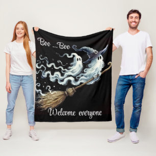 Cute Halloween Ghost and Witch Broom Welcome Bla Fleece Blanket