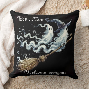 Cute Halloween Ghost and Witch Broom Welcome Bla Throw Pillow