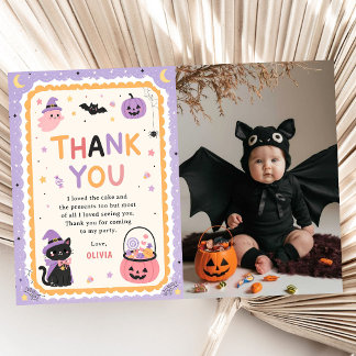 Cute Halloween Ghost Birthday Photo Thank You Card