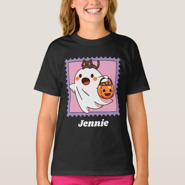 Cute Halloween Ghost Black Cat Pumpkin Add Name T-Shirt (Front)