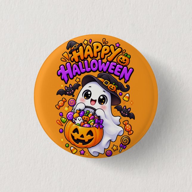 Cute Halloween Ghost Candy Pumpkin 1 Inch Round Button (Front)