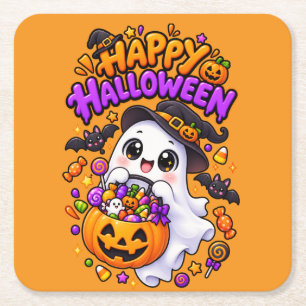 Cute Halloween Ghost Candy Pumpkin Square Paper Coaster