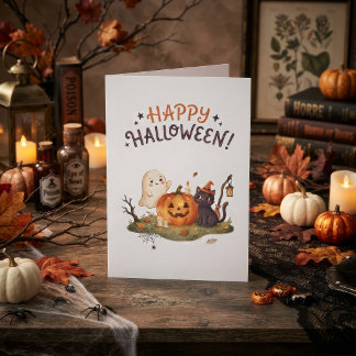 Cute Halloween Ghost, Cat & Pumpkin Card