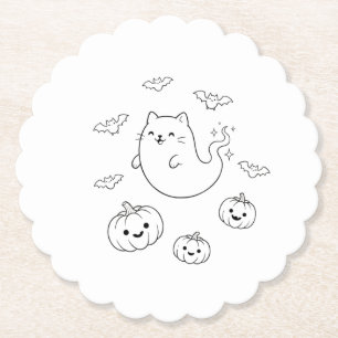 Cute Halloween Ghost Cat Pumpkins Bats Line Art St Paper Coaster