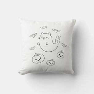 Cute Halloween Ghost Cat Pumpkins Bats Line Art St Throw Pillow