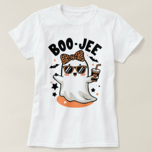 Cute Halloween Ghost Design with Leopard Print T-Shirt