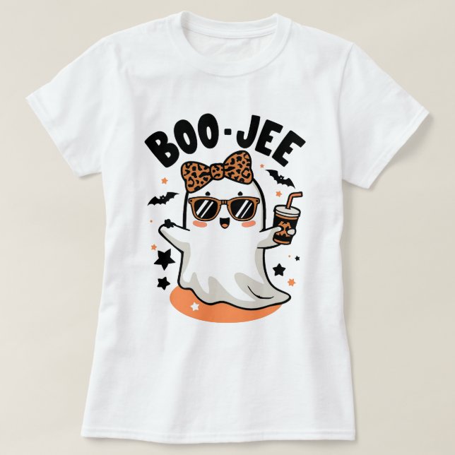 Cute Halloween Ghost Design with Leopard Print T-Shirt (Design Front)