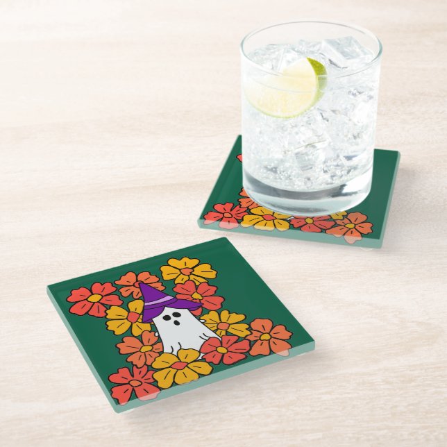 Cute Halloween Ghost Flower Field Glass Coaster (Angled)