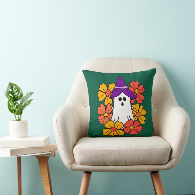 Cute Halloween Ghost Flower Wreath  Throw Pillow (Chair)