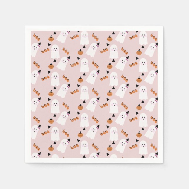 Cute Halloween Ghost Ghoul Orange  Confetti  Pink Napkin (Front)