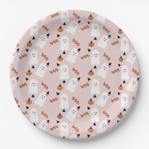Cute Halloween Ghost Ghoul Orange  Confetti  Pink  Paper Plate