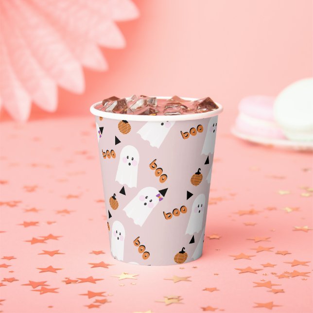 Cute Halloween Ghost Ghoul Orange Pink Confetti  Paper Cups (Insitu)