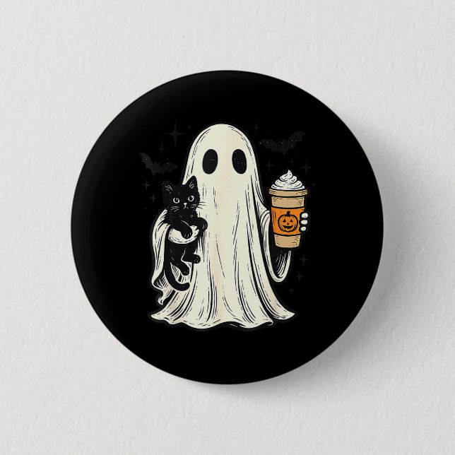 Cute Halloween Ghost Holding Black Cat Fall Coffee 2 Inch Round Button (Front)