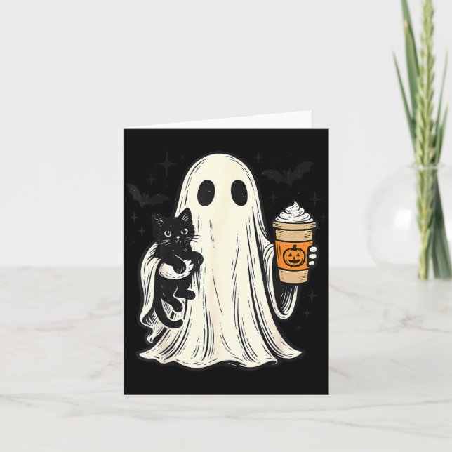 Cute Halloween Ghost Holding Black Cat Fall Coffee Card (Front)