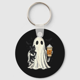 Cute Halloween Ghost Holding Black Cat Fall Coffee Keychain