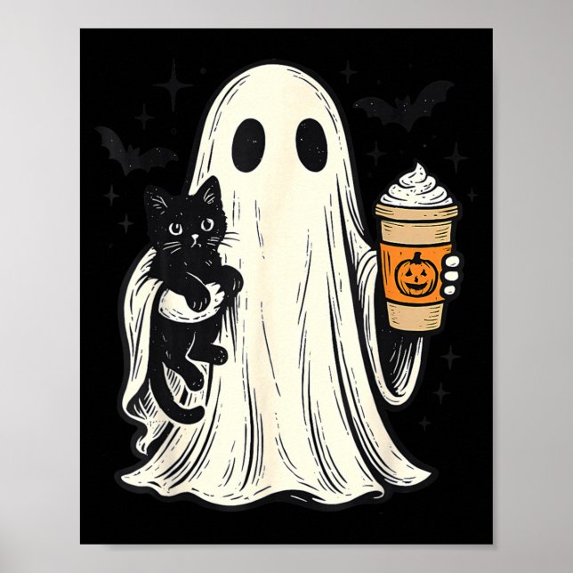 Cute Halloween Ghost Holding Black Cat Fall Coffee Poster (Front)