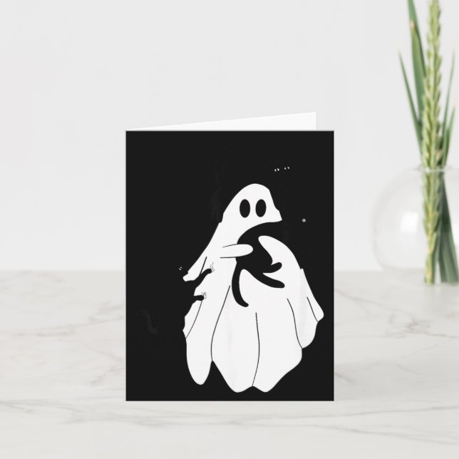 Cute Halloween Ghost Holding Three Black Cats Card (Front)