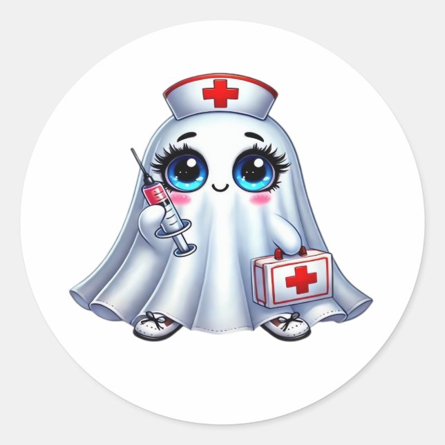 Cute Halloween ghost in a nurse's uniform Classic  Classic Round Sticker (Front)
