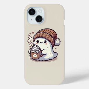 Cute Halloween Ghost in Fall Beanie & Hot Cocoa iPhone 15 Case