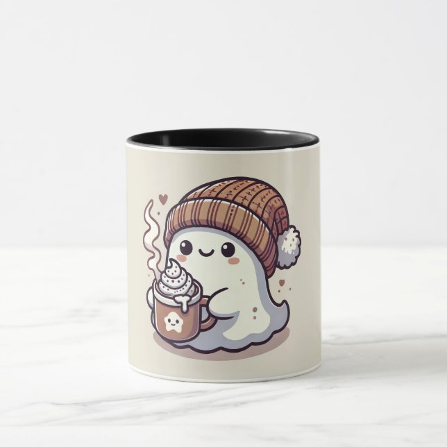 Cute Halloween Ghost in Fall Beanie & Hot Cocoa Mug (Center)