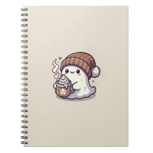 Cute Halloween Ghost in Fall Beanie & Hot Cocoa Notebook