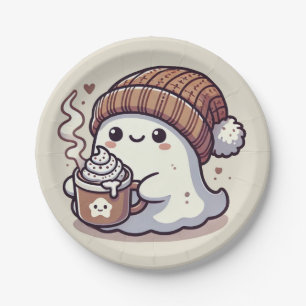 Cute Halloween Ghost in Fall Beanie & Hot Cocoa Paper Plate