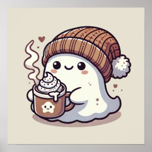 Cute Halloween Ghost in Fall Beanie & Hot Cocoa Poster