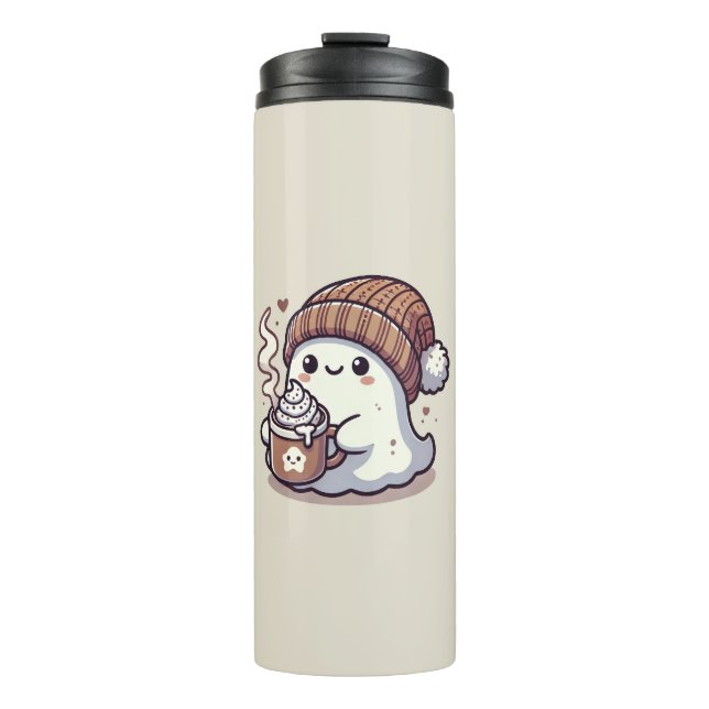 Cute Halloween Ghost in Fall Beanie & Hot Cocoa Thermal Tumbler (Front)