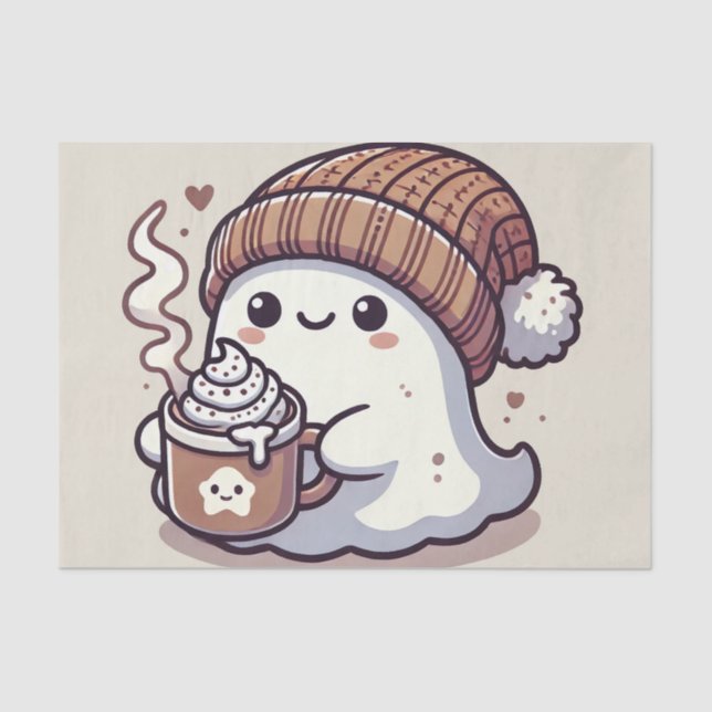 Cute Halloween Ghost in Fall Beanie & Hot Cocoa  Tissue Paper (Front)